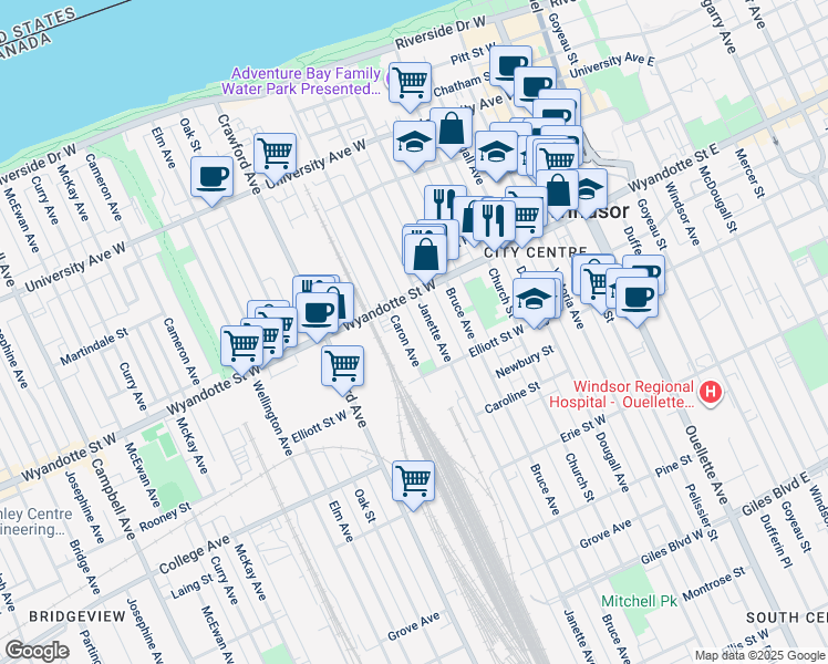 map of restaurants, bars, coffee shops, grocery stores, and more near in Windsor