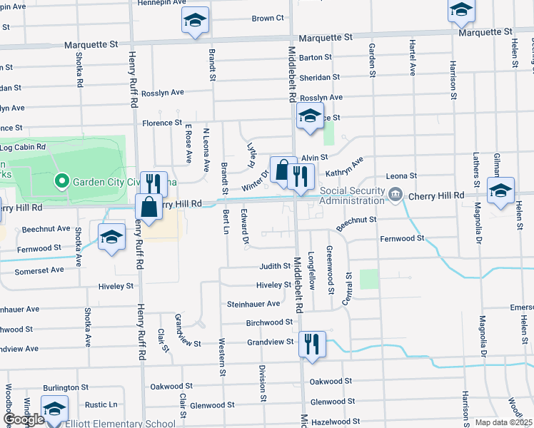 map of restaurants, bars, coffee shops, grocery stores, and more near 29477 Cherry Hill Road in Inkster