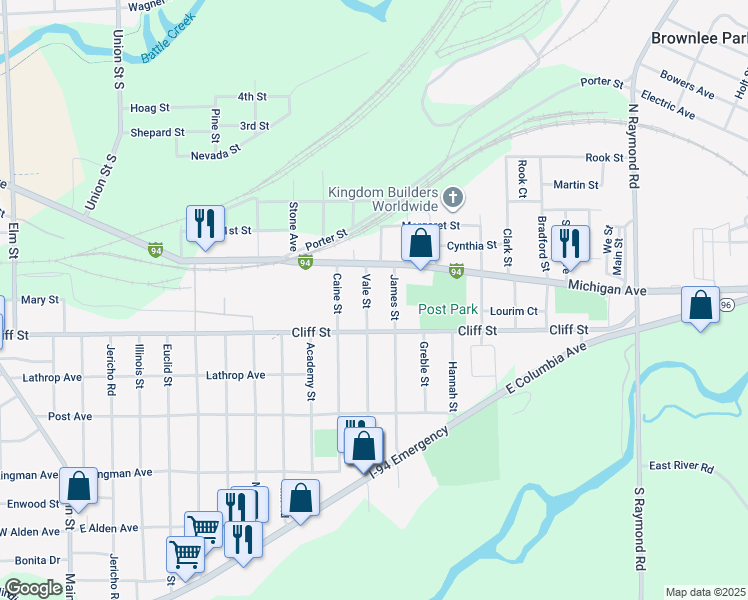 map of restaurants, bars, coffee shops, grocery stores, and more near 35 Vale Street in Battle Creek