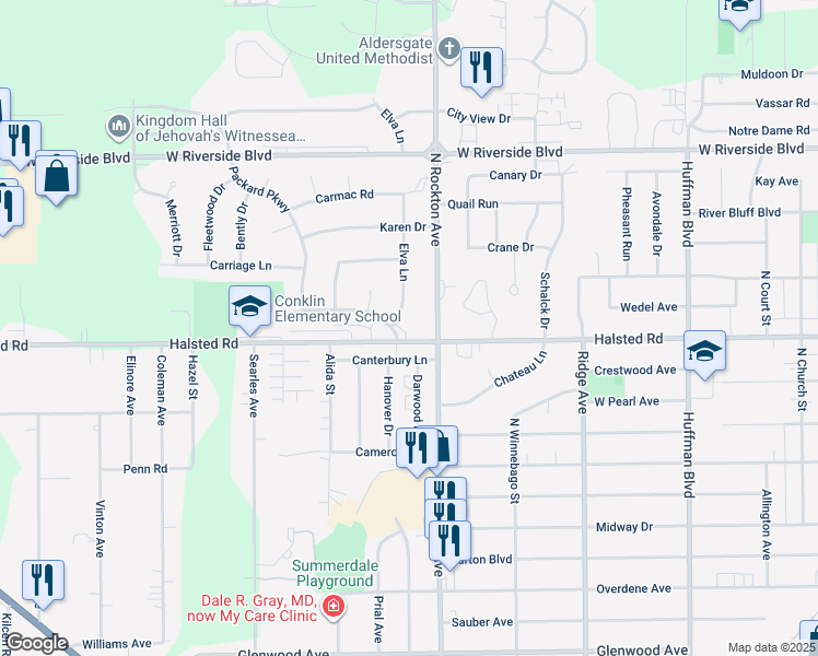 map of restaurants, bars, coffee shops, grocery stores, and more near in Rockford