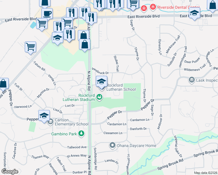 map of restaurants, bars, coffee shops, grocery stores, and more near 4621 High Point Drive in Rockford