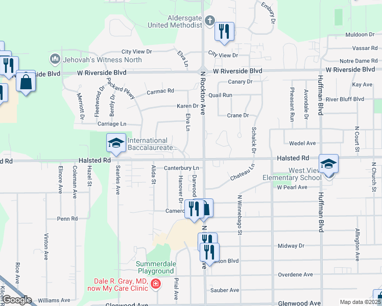 map of restaurants, bars, coffee shops, grocery stores, and more near 2525 Conklin Drive in Rockford