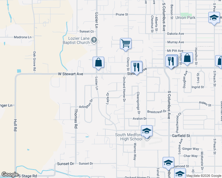 map of restaurants, bars, coffee shops, grocery stores, and more near 1836 Layla Drive in Medford