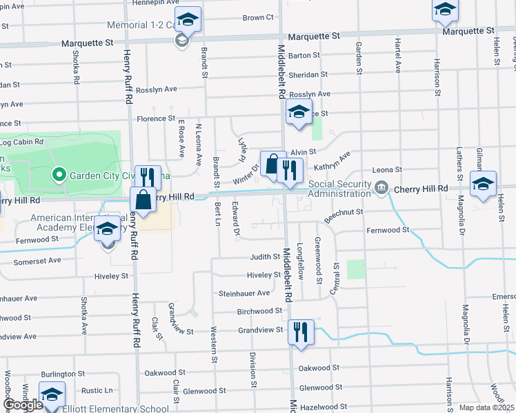 map of restaurants, bars, coffee shops, grocery stores, and more near 29477 Cherry Hill Road in Inkster