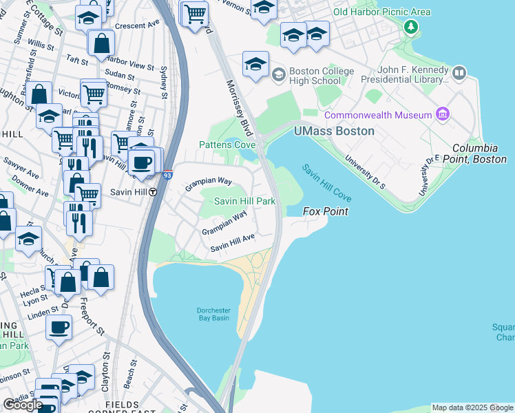 map of restaurants, bars, coffee shops, grocery stores, and more near 251 Savin Hill Avenue in Boston