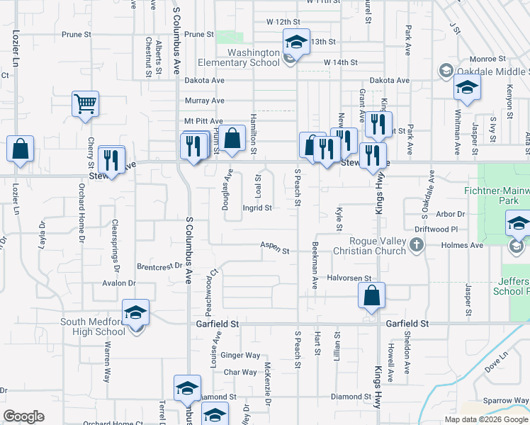 map of restaurants, bars, coffee shops, grocery stores, and more near 1025 Ingrid Street in Medford
