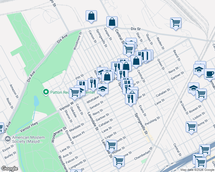 map of restaurants, bars, coffee shops, grocery stores, and more near 8115 Vernor Highway in Detroit