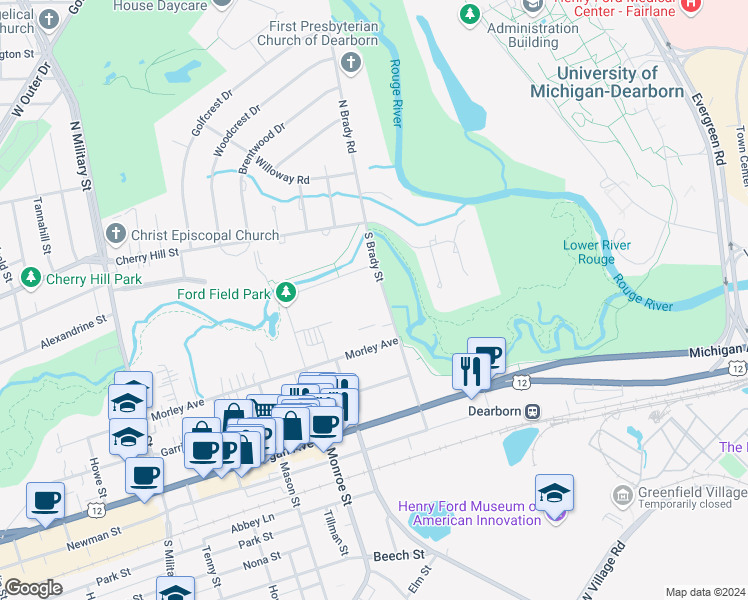 map of restaurants, bars, coffee shops, grocery stores, and more near 624 South Brady Street in Dearborn