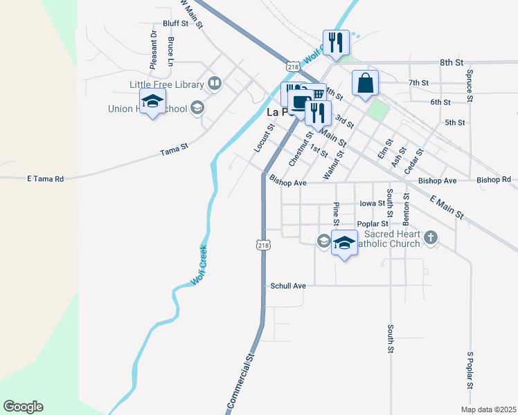 map of restaurants, bars, coffee shops, grocery stores, and more near 719 Commercial Street in La Porte City