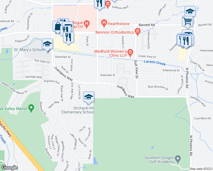 map of restaurants, bars, coffee shops, grocery stores, and more near 3000 Juanipero Way in Medford