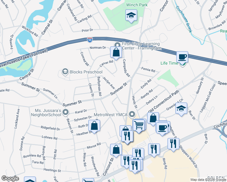map of restaurants, bars, coffee shops, grocery stores, and more near 63 Summer Street in Framingham