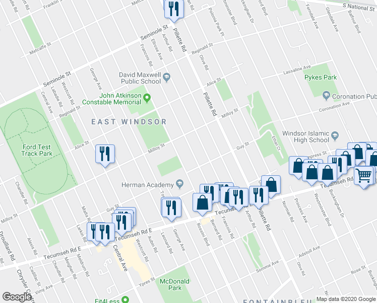 map of restaurants, bars, coffee shops, grocery stores, and more near 1847 Francois Road in Windsor