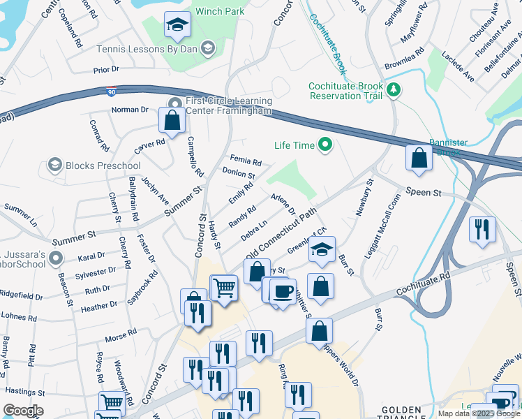 map of restaurants, bars, coffee shops, grocery stores, and more near 26 Debra Lane in Framingham