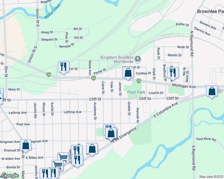 map of restaurants, bars, coffee shops, grocery stores, and more near 35 Vale Street in Battle Creek