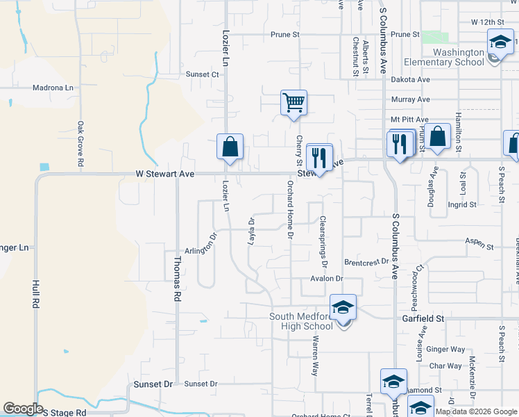 map of restaurants, bars, coffee shops, grocery stores, and more near 1836 Layla Drive in Medford