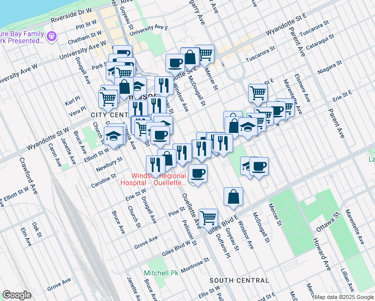 map of restaurants, bars, coffee shops, grocery stores, and more near 939 Goyeau Street in Windsor