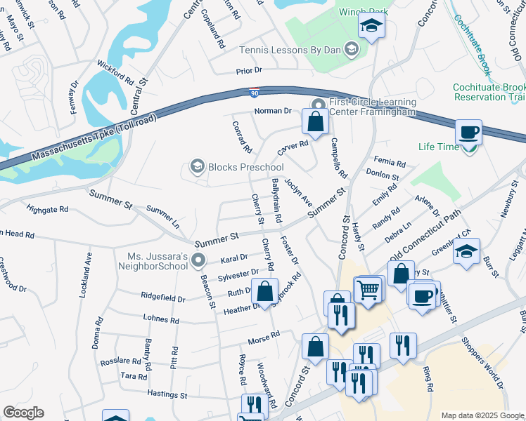 map of restaurants, bars, coffee shops, grocery stores, and more near 154 Cherry Street in Framingham