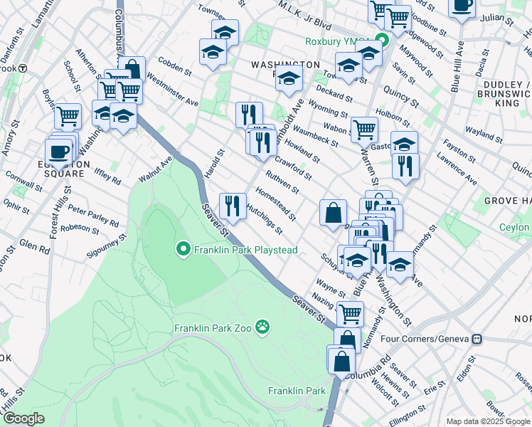 map of restaurants, bars, coffee shops, grocery stores, and more near 43 Hutchings Street in Boston
