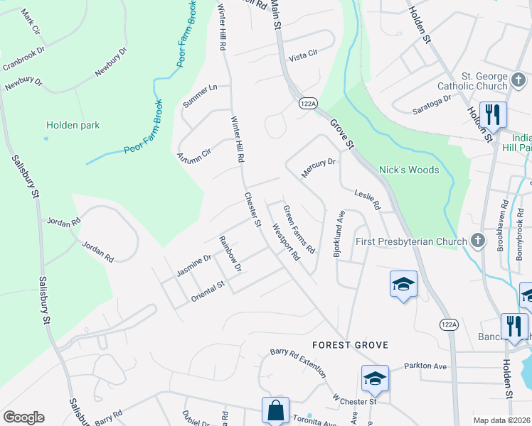 map of restaurants, bars, coffee shops, grocery stores, and more near 36 Westport Road in Worcester