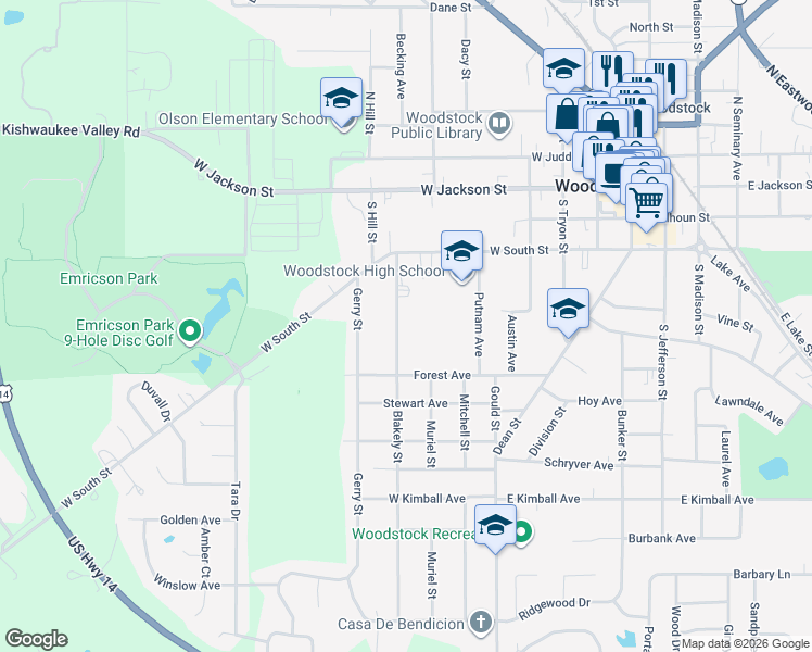 map of restaurants, bars, coffee shops, grocery stores, and more near 615 Blakely Street in Woodstock