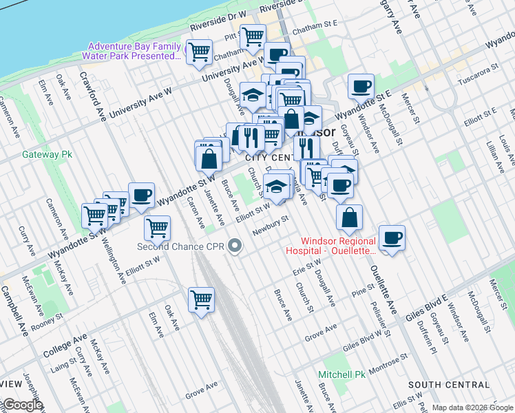 map of restaurants, bars, coffee shops, grocery stores, and more near 432 Elliott Street West in Windsor