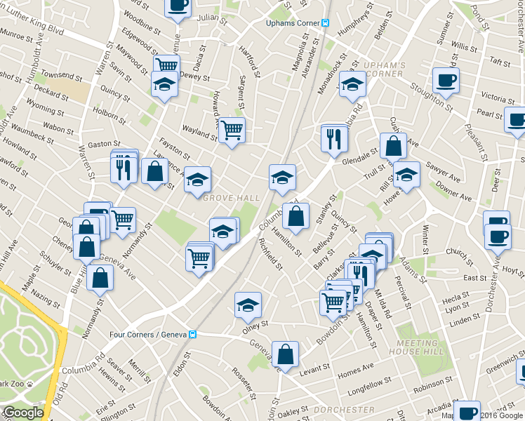 map of restaurants, bars, coffee shops, grocery stores, and more near 60-70 Ceylon Street in Boston