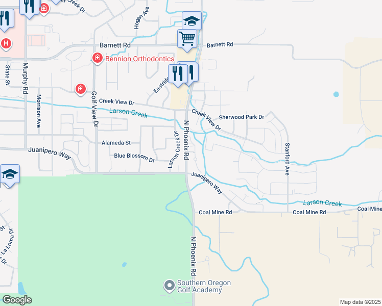 map of restaurants, bars, coffee shops, grocery stores, and more near 1413 Larson Creek Drive in Medford