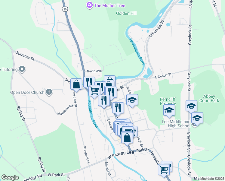 map of restaurants, bars, coffee shops, grocery stores, and more near 85-119 East Center Street in Lee