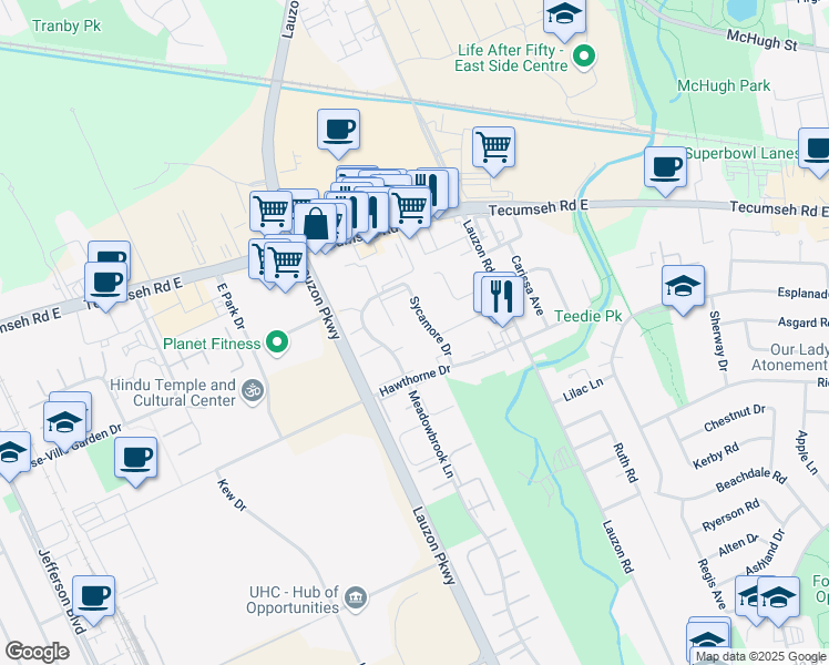 map of restaurants, bars, coffee shops, grocery stores, and more near 2617 Sycamore Drive in Windsor