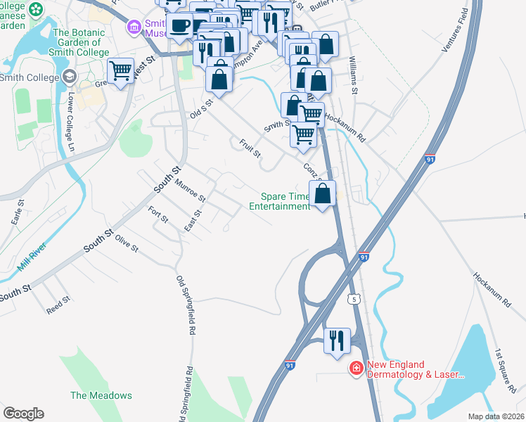 map of restaurants, bars, coffee shops, grocery stores, and more near 86 Lyman Road in Northampton