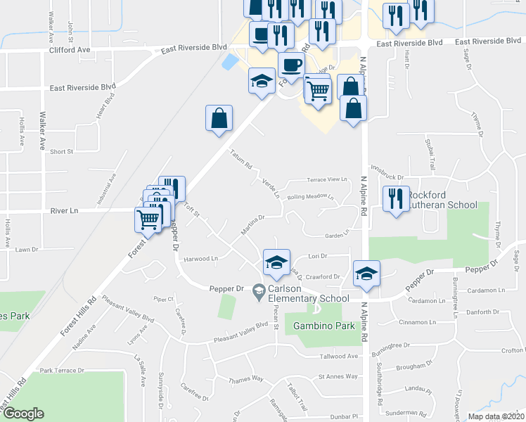 map of restaurants, bars, coffee shops, grocery stores, and more near 4124 Martina Drive in Rockford