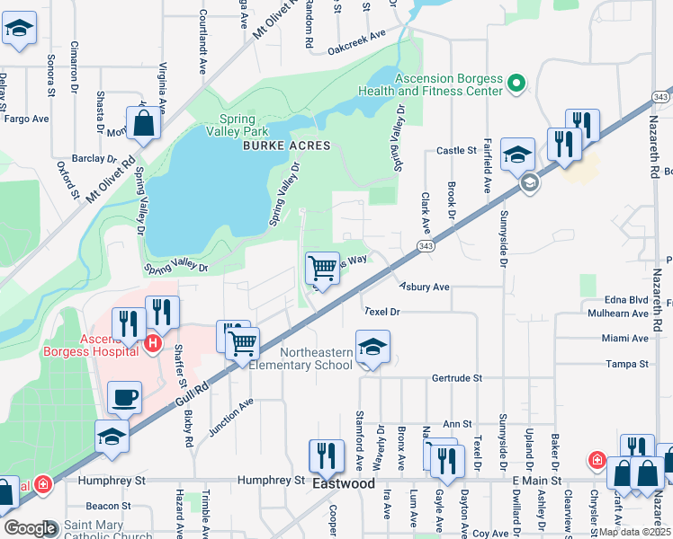 map of restaurants, bars, coffee shops, grocery stores, and more near 2500 Saint Albans Way in Kalamazoo
