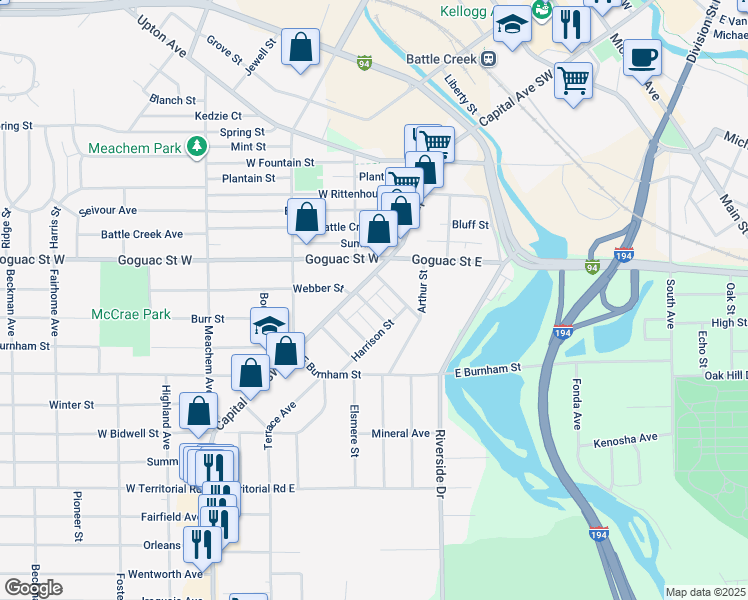 map of restaurants, bars, coffee shops, grocery stores, and more near 23 Whittier Avenue in Battle Creek