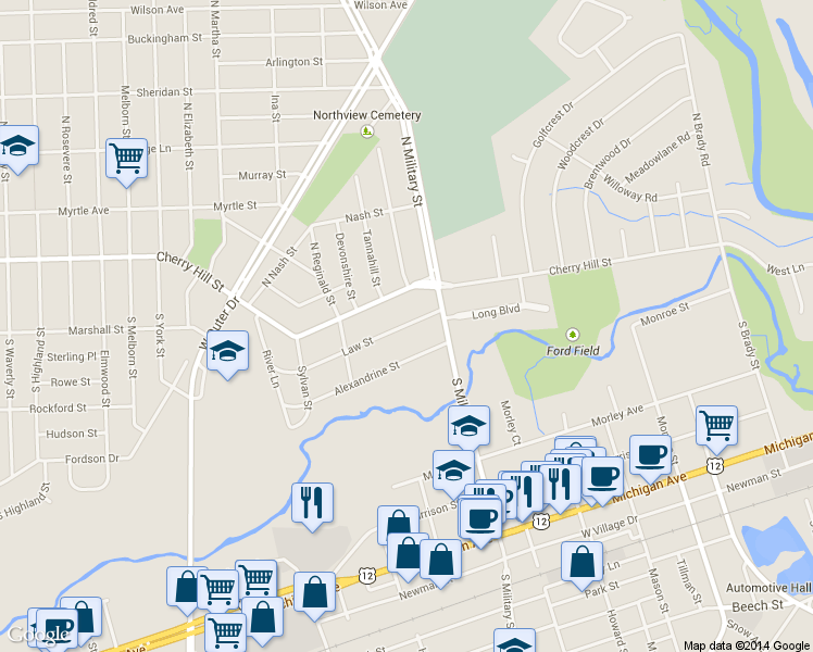 map of restaurants, bars, coffee shops, grocery stores, and more near 22517 Law Street in Dearborn