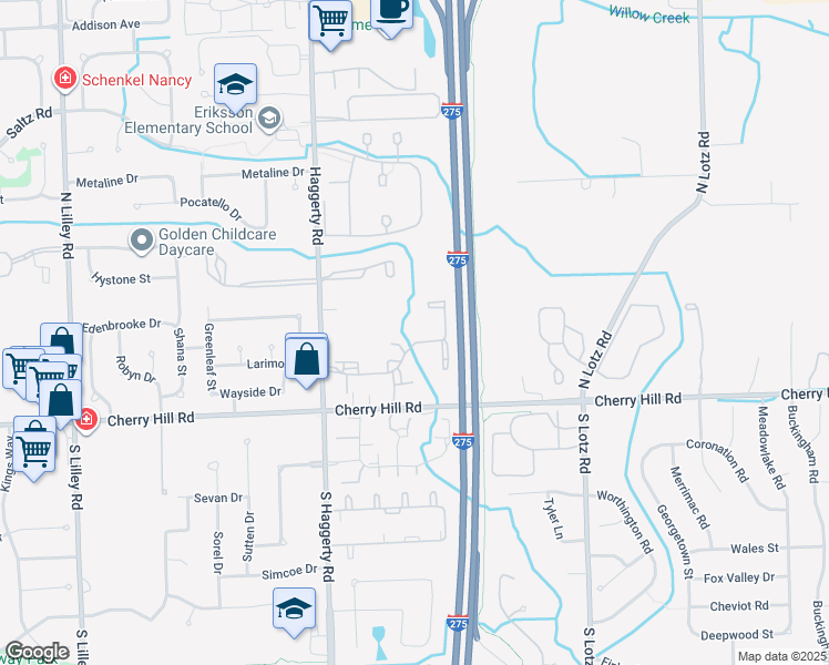 map of restaurants, bars, coffee shops, grocery stores, and more near 41054 Williamsburg Boulevard in Canton