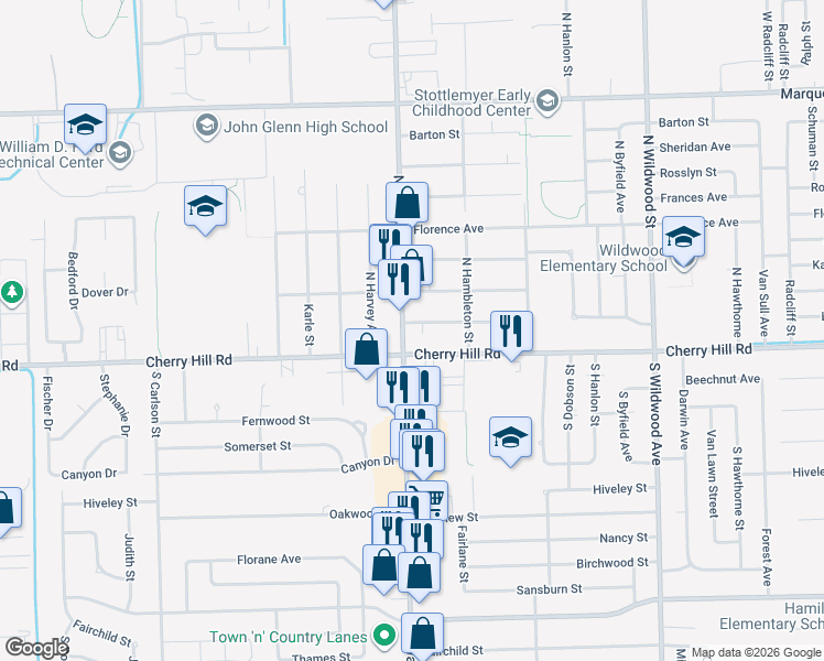 map of restaurants, bars, coffee shops, grocery stores, and more near 108 North Wayne Road in Westland