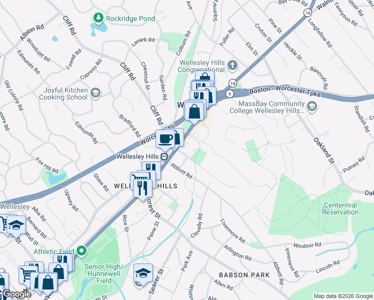 map of restaurants, bars, coffee shops, grocery stores, and more near 5 Seaward Road in Wellesley