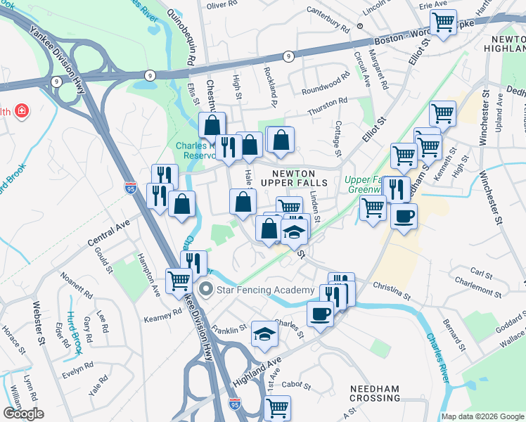 map of restaurants, bars, coffee shops, grocery stores, and more near 36 Pennsylvania Avenue in Newton