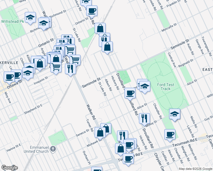 map of restaurants, bars, coffee shops, grocery stores, and more near 1552 Albert Road in Windsor