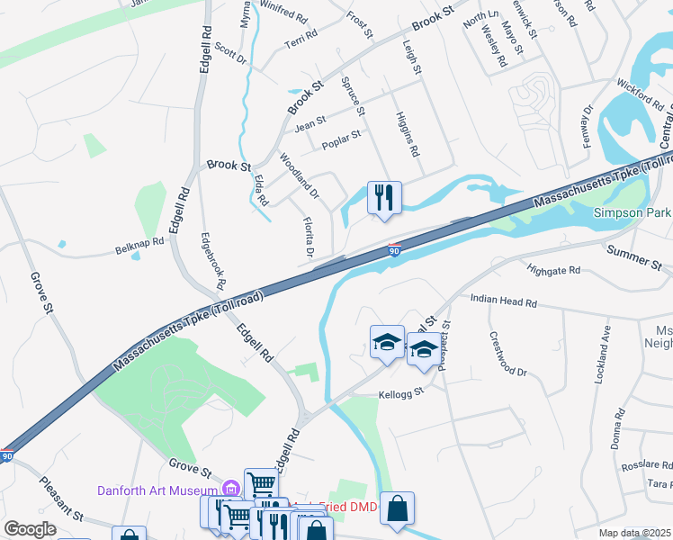 map of restaurants, bars, coffee shops, grocery stores, and more near Massachusetts Turnpike in Framingham