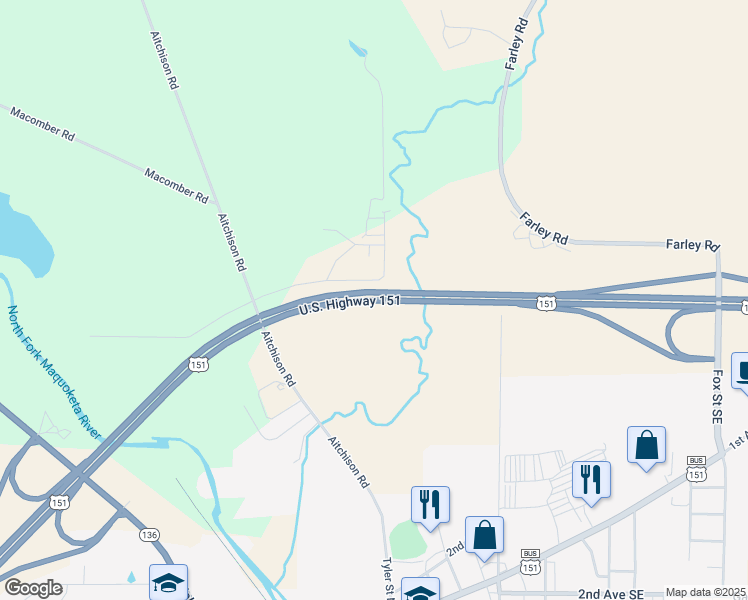 map of restaurants, bars, coffee shops, grocery stores, and more near U.S. 151 in Cascade