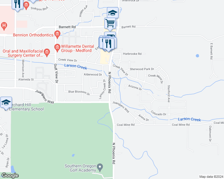 map of restaurants, bars, coffee shops, grocery stores, and more near 1413 Larson Creek Drive in Medford