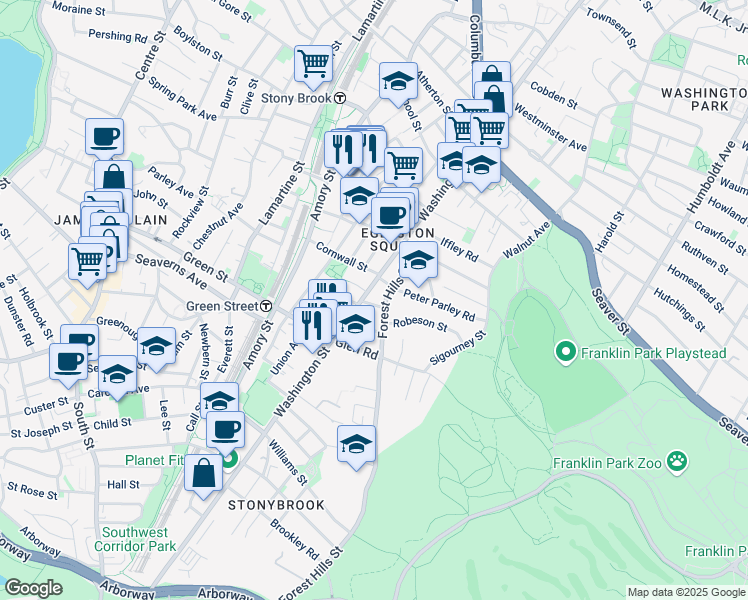 map of restaurants, bars, coffee shops, grocery stores, and more near 5 Sylvia Street in Boston