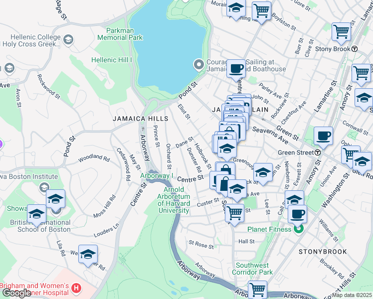 map of restaurants, bars, coffee shops, grocery stores, and more near 47 Dunster Road in Boston
