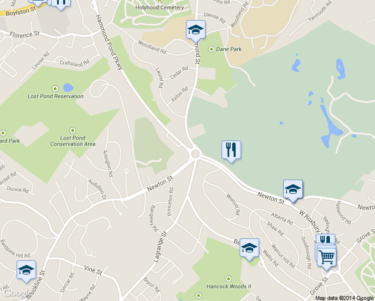 map of restaurants, bars, coffee shops, grocery stores, and more near 26 Hammond Pond Parkway in Brookline