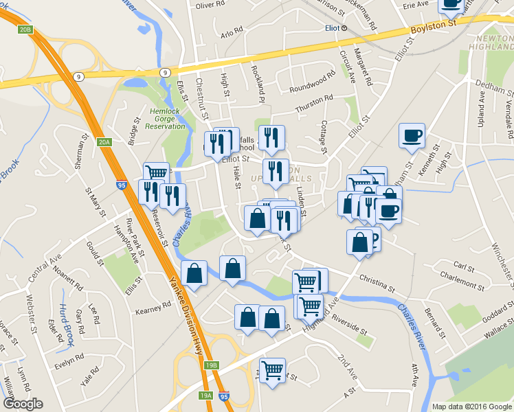 map of restaurants, bars, coffee shops, grocery stores, and more near 11 Indiana Terrace in Newton