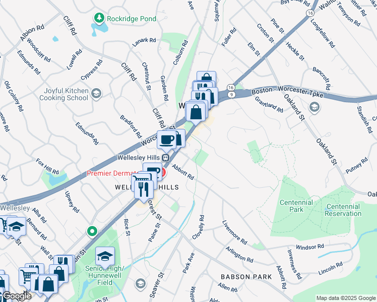map of restaurants, bars, coffee shops, grocery stores, and more near 5 Seaward Road in Wellesley