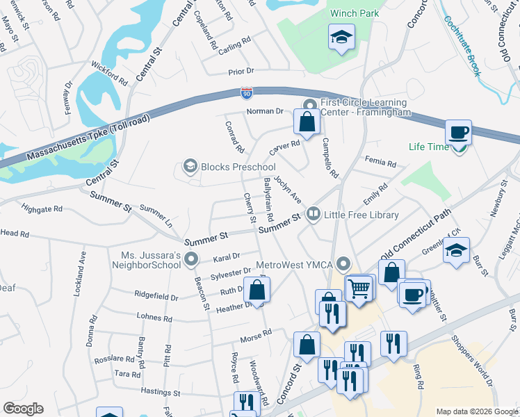 map of restaurants, bars, coffee shops, grocery stores, and more near 154 Cherry Street in Framingham