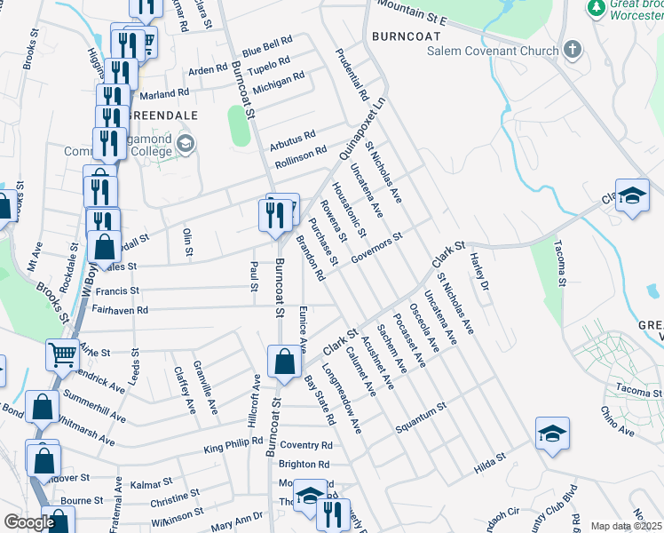 map of restaurants, bars, coffee shops, grocery stores, and more near 30 Brandon Road in Worcester