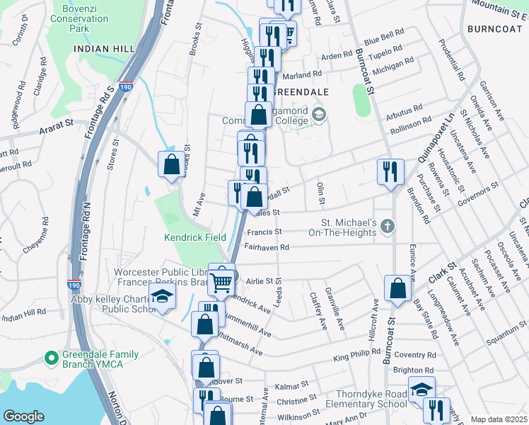 map of restaurants, bars, coffee shops, grocery stores, and more near 540 West Boylston Street in Worcester